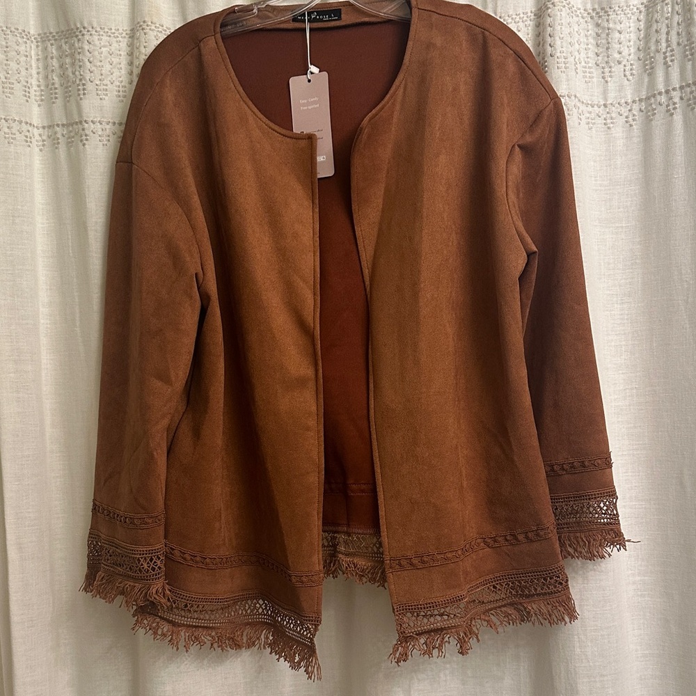 Faux Suede Fringe Open Front Jacket